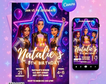 Kpop Demon Hunters Birthday Invitation | Editable Canva Template Evite | Printable Anime Party Invite | Instant Digital Download Card | Girl