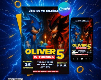 Sonic vs Shadow 3 Birthday Invitation | Editable Gamer Canva Template, Printable Gaming Party Evite, Instant Digital Download, Boy Girl
