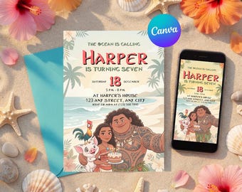 Convite de Aniversário da Moana | Modelo Editável do Canva para Imprimir | Convite para Festa com Tema Oceano para Menina | Download Digital Instantâneo