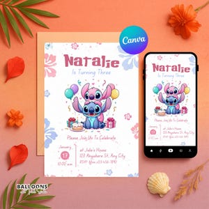 リロ＆スティッチの誕生日招待状 | 編集可能なCanvaテンプレート | 印刷可能なパーティー招待状 | 男の子と女の子の招待状 | インスタントデジタルダウンロードカード