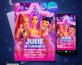 Kpop Demon Hunters Birthday Invitation | Editable Canva Template Evite | Printable Anime Party Invite | Instant Digital Download Card | Girl