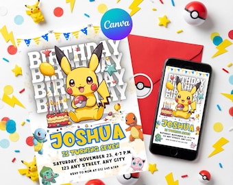 Pokemon Birthday Invitation | Editable Canva Template | Printable Pikachu Theme Party Invite | Boy, Girl | Instant Digital Download Card
