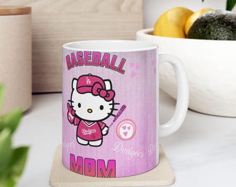 Taza de Hello Kitty para mamá beisbolera / Taza de cerámica para mamá beisbolera, temática rosa de los Dodgers