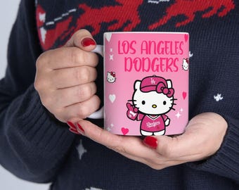 Taza de Hello Kitty de Los Angeles Dodgers / Taza de cerámica con corazón rosa