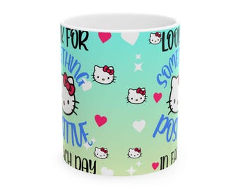 Taza de cerámica con HELLO KITTY, corazones y frases positivas / Vaso con degradado pastel