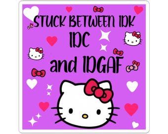 Pegatina troquelada de gato kawaii inspirada en "Hola" / Corazones morados y rosas, texto atrevido