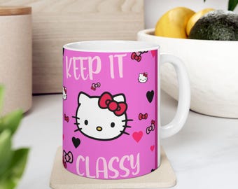 Taza de cerámica con diseño de Hello Kitty y corazones rosas