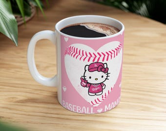 Taza de café de cerámica con forma de corazón de béisbol de Hello Kitty, diseño de Baseball Mama
