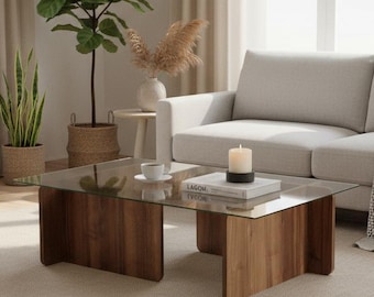 Modern Walnut Glass Coffee Table – Tempered Glass Center Table – Minimalist Living Room Furniture – Contemporary Home Decor