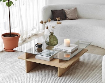 Square Glass Coffee Table with Shelf – Modern Oak Coffee Table – Scandinavian Living Room Table – Minimalist Wood & Glass Furniture