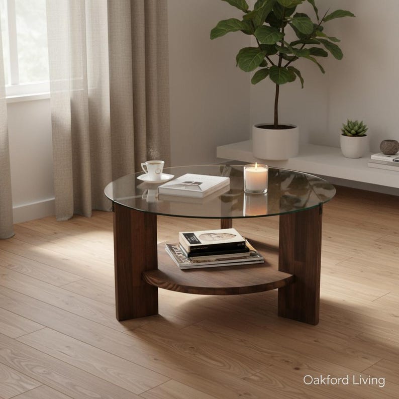 Round Solid Wood & Tempered Glass Coffee Table – Modern Scandinavian ...