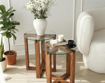 Solid Wood & Tempered Glass Side Table Set of 2 | Modern Nesting Tables | Minimal Wooden Accent Tables
