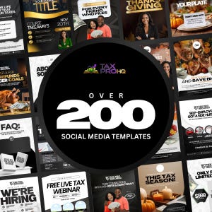 Può includere: Immagine promozionale con oltre 200 modelli di social media. I modelli riguardano vari temi, tra cui servizi fiscali, webinar e consulenza finanziaria. L'immagine include testo come "Tax Pro HQ" e "Free Live Tax Webinar".