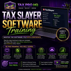 Könnte beinhalten: Eine digitale Grafik für Tax Slayer Software-Schulungen mit einem Laptop, der eine Steuerschnittstelle mit einer Bundesrückerstattung von 4.327 $ anzeigt. Der Text enthält Tax Pro HQ, Tax Slayer Software Training und verschiedene Schulungsmodule.