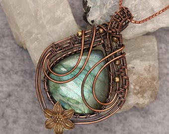 Labradorite Copper Wire Wrapped Pendant – Natural Gemstone Necklace – Handmade Boho Jewelry Gift for Her