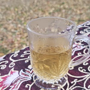 May include: A clear glass teacup filled with a light amber liquid, likely tea, sits on a patterned burgundy tablecloth. The cup has a handle and a decorative base. The background shows a blurred outdoor scene with trees and fallen leaves.