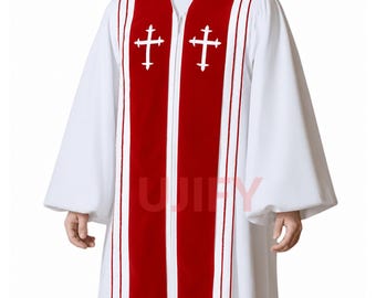 Red Choir Robe with Cross Embroidery | Clergy Vestment, Pastor Robe