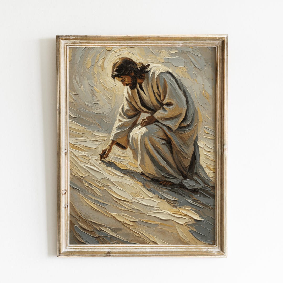 Jesus Christ Paint: Writing in the Sand, Vintage Christian Oil Painting ...
