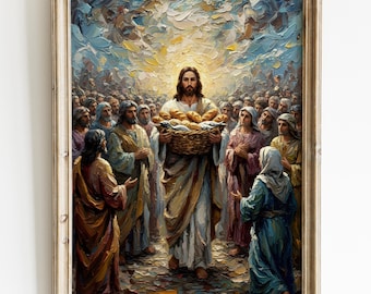 Jesus Miracles Wall Art Print: Fishes And Loaves, Christianity Watercolor, Biblical Decorator Art