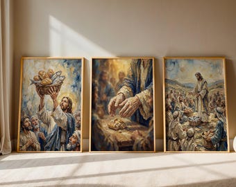 Christian Wall Art Bundle Set: Biblical Miracle Jesus Christ Painting, Loaves Fishes Watercolor Printable