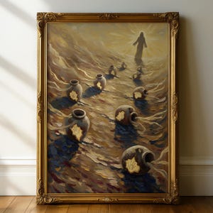 Op de afbeelding: Olieverfschilderij in een gouden, sierlijke lijst dat een figuur in helder licht afbeeldt, met verschillende bruine urnen met gouden accenten. Het kunstwerk heeft een warm kleurenpalet met tinten bruin, goud en beige.