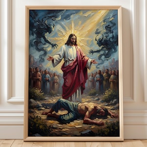 Puede incluir: Obra de arte religiosa enmarcada que representa una figura central con túnicas blancas y rojas, con los brazos extendidos y un halo radiante. Figuras oscuras flanquean la figura central, y una multitud de personas se encuentra en el fondo. Una persona yace en el suelo en primer plano.