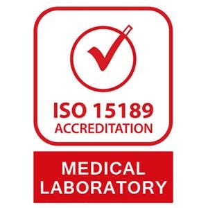 May include: A red and white square logo with rounded corners. The top section features a red circle with a tick inside. Below, the text reads "ISO 15189 ACCREDITATION." The bottom section is a red rectangle with the words "MEDICAL LABORATORY."