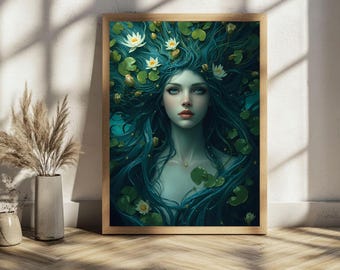 Water Nymph Art Print: Ethereal Woman with Blue Hair and Lotus Flowers (Digital Download)
