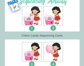 Cotton Candy Sequencing Cards ,4 Step Printable Activity for Kids