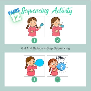 Könnte beinhalten: Illustration einer 12-seitigen Sequenzierungsaktivität. Das Bild zeigt ein Mädchen, das in vier Schritten einen Ballon aufbläst. Der Text lautet "Girl And Balloon 4-Step Sequencing". Der Ballon platzt im letzten Schritt mit dem Wort "BONG!"