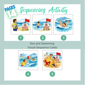 May include: A set of 14 sequencing activity cards with illustrations about sea and swimming. The cards show a sequence of events, including a person at the beach, entering the water, and being rescued. The text "Sequencing Activity" is at the top.