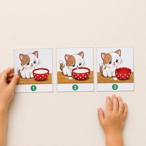 May include: Three square cards featuring a cartoon kitten with brown and white fur. The kitten sits next to a red bowl with white polka dots. The cards are numbered one, two, and three in green circles, showing the kitten approaching, drinking, and finishing milk.
