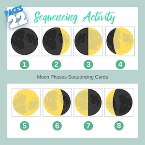 May include: Educational sequencing activity featuring eight moon phase illustrations, numbered 1 through 8. The phases progress from dark to illuminated, with each moon image set against a white background. The text "Sequencing Activity" is at the top.