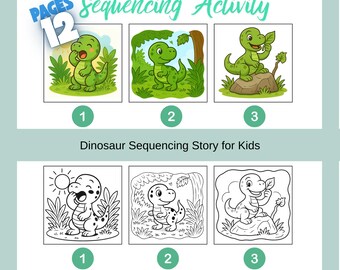 Dinosaur Sequencing Story for Kids | 3-Step Printable Story Activity | Preschool Cut and Paste Worksheet