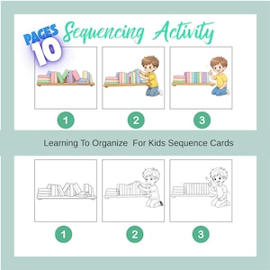 Könnte beinhalten: Eine Sequenzierungsaktivität für Kinder mit 10 Seiten. Das Bild zeigt eine Reihe von Illustrationen, die ein Kind beim Ordnen von Büchern auf einem Regal darstellen. Der Text lautet "Learning To Organize For Kids Sequence Cards."