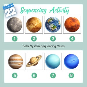 May include: Educational solar system sequencing cards with illustrations of the planets. The cards include Mercury, Venus, Earth, Mars, Jupiter, Saturn, Uranus, and Neptune, numbered 1 to 8. The text "Sequencing Activity" is at the top.