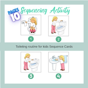 Può includere: Un'attività di sequenziamento per bambini, con quattro passaggi illustrati di una routine per l'uso del bagno. Le immagini mostrano un bambino che usa il bagno, tira lo sciacquone e si lava le mani. Il testo include "Pagine 10" e "Schede sequenza routine per bambini."