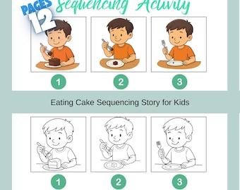 Eating Cake Sequencing Story for Kids, 3-Step Printable Story Activity, Cut and Paste Worksheet