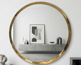 Espelho redondo marroquino artesanal em latão, círculo dourado para parede, penteadeira minimalista e moderna para hall de entrada.