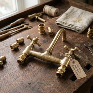 Op de afbeelding: Een messing kraan met kruisvormige handgrepen en een gebogen uitloop, geplaatst op een houten oppervlak met loodgietersgereedschap en fittingen. Een label leest "Bespoke Artisanal Brass Faucet".