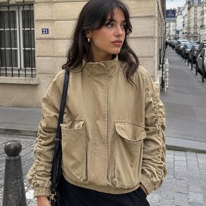 Beige Beskuren Utility Jacka | Rynkade Ärmar Cargo Ytterkläder, Casual Streetwear