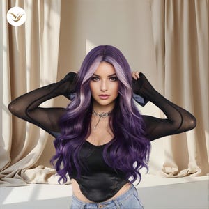 May include: A long, wavy wig with a blend of purple and light lavender highlights. The wig features a dark root and a natural-looking hairline. The person is wearing a black top and a silver necklace.