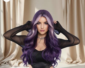 May include: A long, wavy wig with a blend of purple and light lavender highlights. The wig features a dark root and a natural-looking hairline. The person is wearing a black top and a silver necklace.