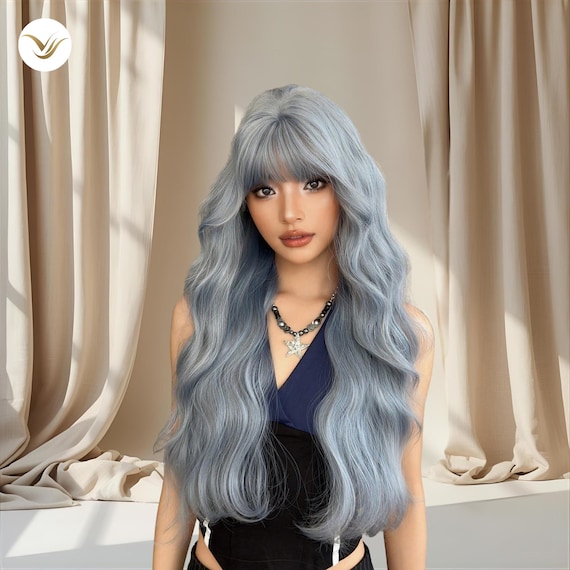 Extra Long Blue Wavy Wig With Bangs, Heat-resistant  display picture 1