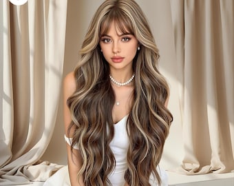 Puede incluir: Una mujer con cabello largo, ondulado y en capas en tonos marrones, rubios y caramelo. El cabello tiene una raya a un lado con flequillo. Lleva un vestido blanco y un collar de perlas. El fondo presenta cortinas beige.