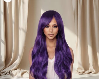 May include: A woman with long, wavy, purple hair and a side-swept bang. The hair is styled with a deep side part and falls to the shoulders. She is wearing a white top. The background features beige curtains.