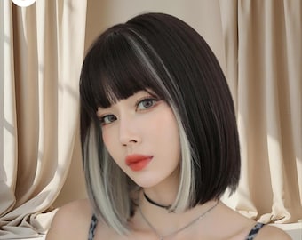 12-Zoll-Ombre Blonde Bob Perücke mit Pony - Hitzebeständige synthetische kurze gerade Halloween Cosplay Perücke