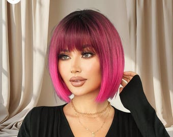 12-Zoll-Ombre-Rosenrote Bob-Perücke mit Ponys - Hitzebeständige synthetische kurze gerade rosa Party-Perücke