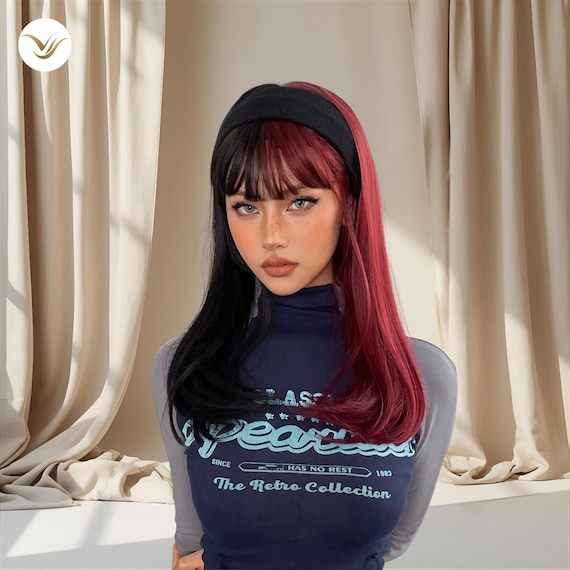 Two-tone Red and Black Wig With Bangs, Cosplay Wig - Etsy Israel display picture 3