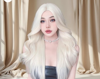 28 Inch White Gold Wavy Wig with Bangs – Heat-Resistant Synthetic Long Body Wave Natural Look